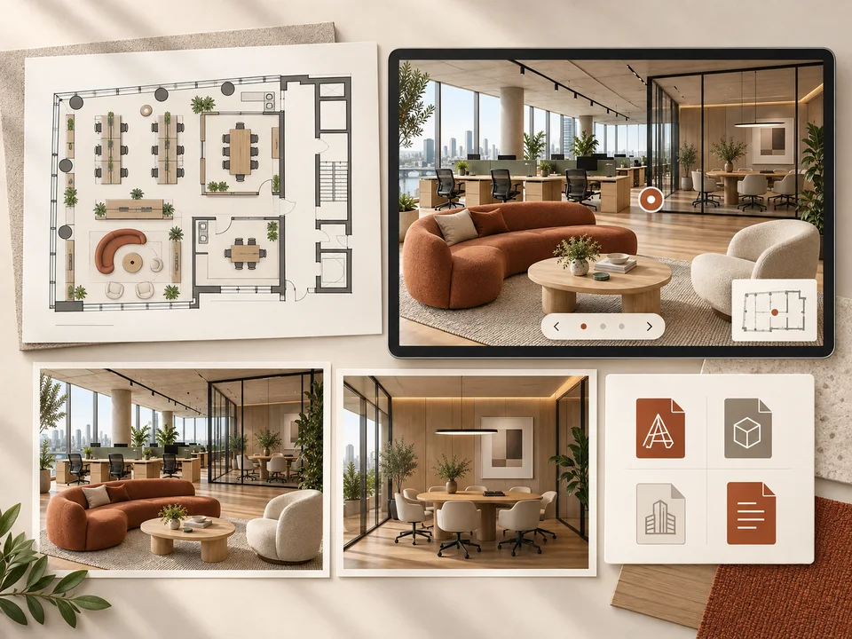 Presentation package with a 2D office plan, 3D virtual tour, photorealistic renders, and editable source files