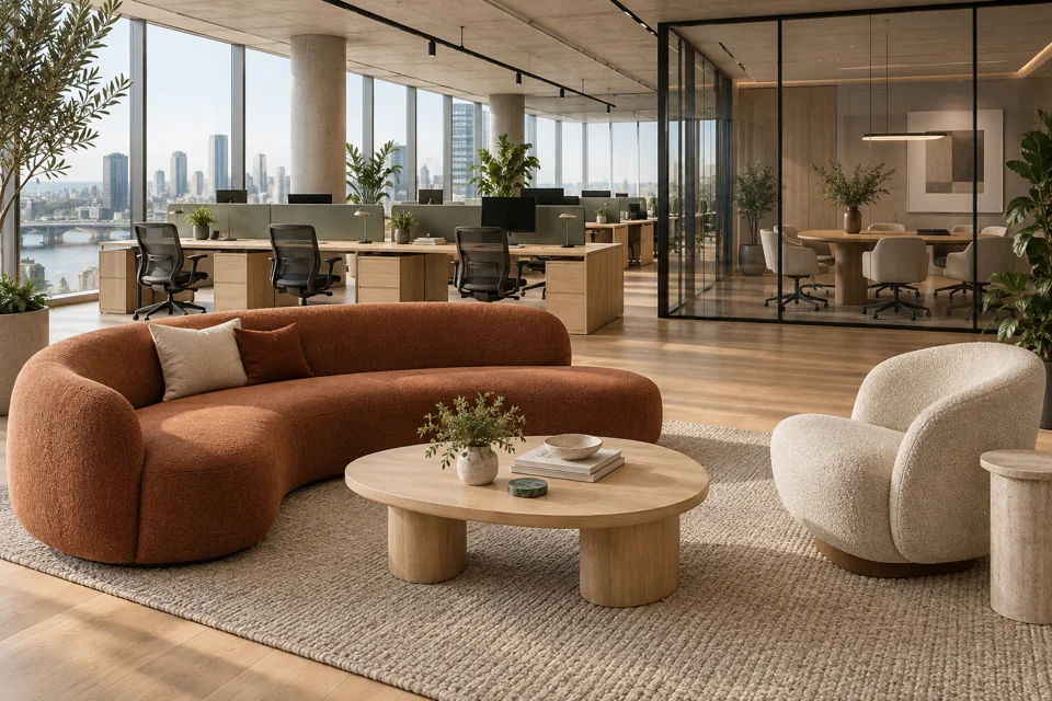 Office furniture visualization with a terracotta sofa, oak tables, ergonomic chairs and a glazed meeting room